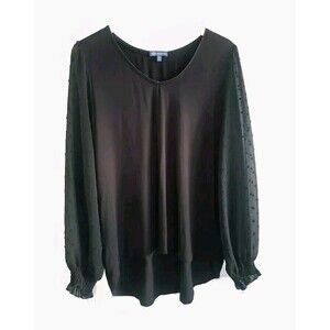 Democracy Blouse Women's XL Black Swiss Dot Sheer Sleeve High-low Hem